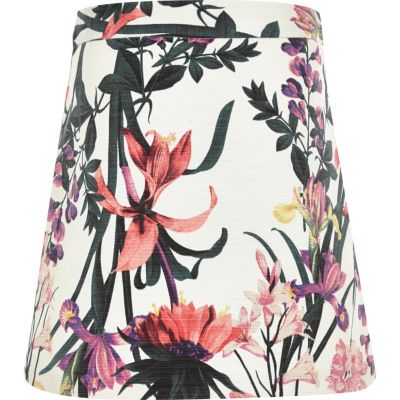 Girls cream floral print zip-up skirt